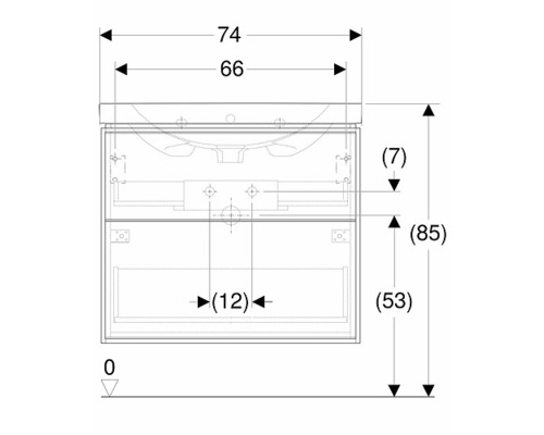 Teknisk ritning av ett tvättställsskåp med måttangivelser