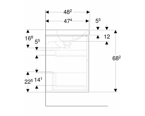 Måttritning av ett tvättställsskåp med olika mått