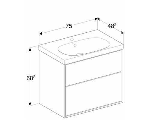 Ritning av ett tvättställsskåp med måttangivelser.