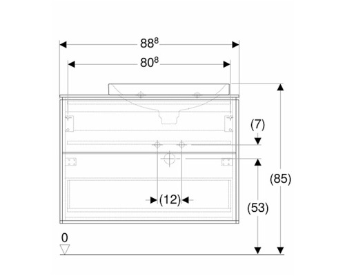 Teknisk ritning av ett tvättställsskåp med mått
