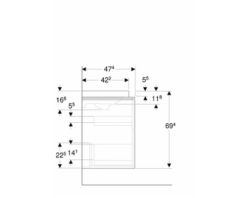Teknisk ritning av ett tvättställsskåp med mått.