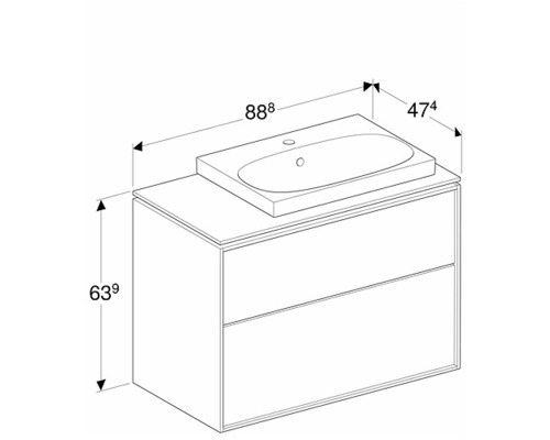 Ritning av ett underskåp för tvättställ med dimensioner