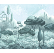 Illustration av ett skogslandskap med träd och kullar