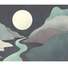 Illustration av ett månlandskap med berg och en flod