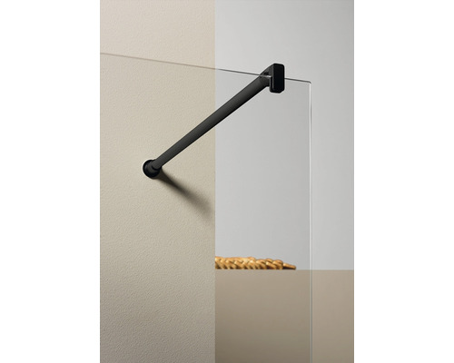 Duschvägg med svart stabiliseringsstång