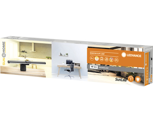 Förpackning för LEDVANCE monitor clip lampa med exempel på användningsområden