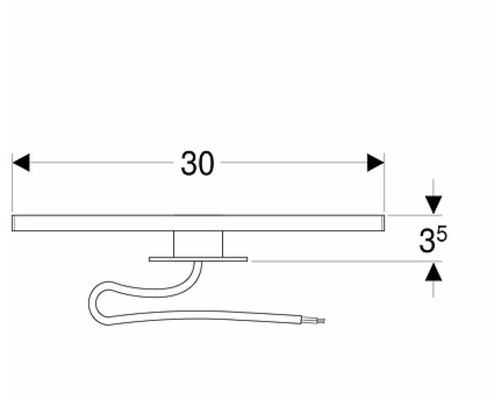 Teknisk ritning av en lampa med mått: 30 cm längd, 3,5 cm höjd