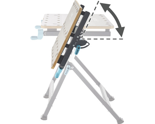 Justerbar arbetsbänk med fällfunktion och pil som indikerar lutningen.