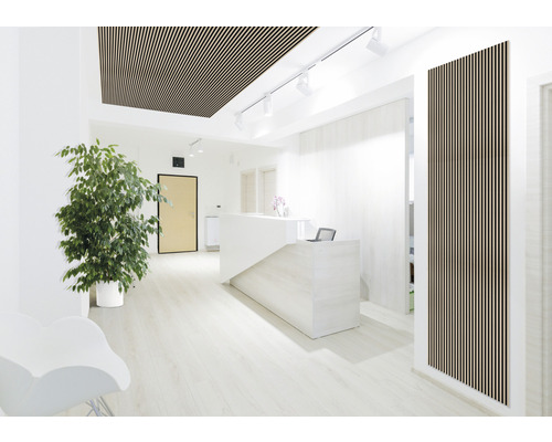 Ljust rum med lamelltak och väggpaneler i trä, reception och grön växt