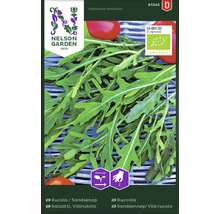 Nelson Garden Logo. Förpackning med rucolafrön med ekologisk märkning.