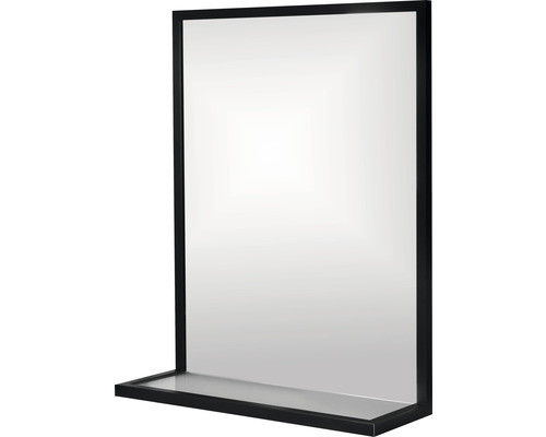 Rektangulär spegel med svart ram och hylla