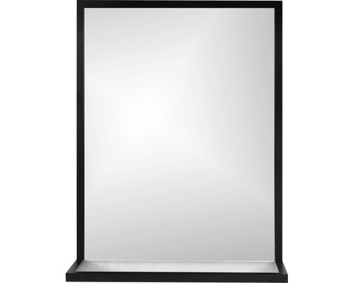 Rektangulär spegel med svart ram och hylla