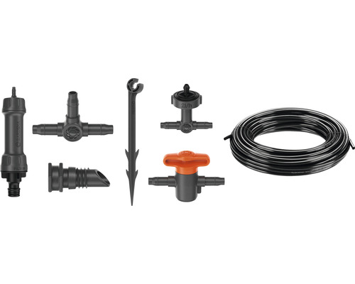 Gardena Micro-Drip-System med filter, T-koppling, regler- och reduceringsstycke, hållare, droppare och slang
