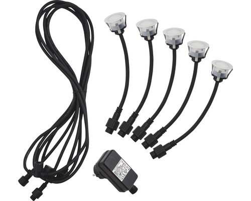 Set med fem infällda lampor för utomhusbruk med kablar och transformator