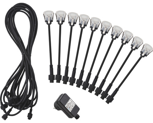 Trädgårdsljussats med tio lampor, kabel och adapter