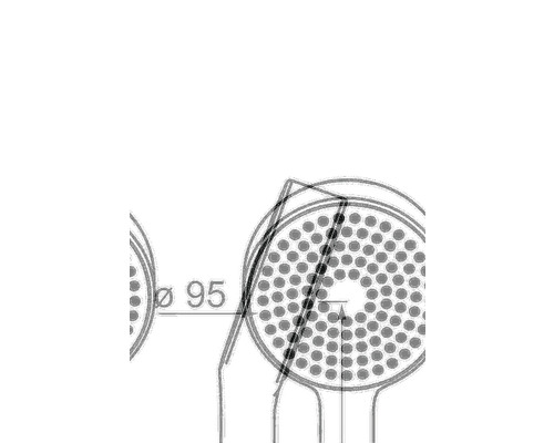 Teknisk ritning av ett duschhuvud med en diameter på 95 millimeter