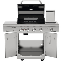 Gasolgrill med öppet lock, kontrollknappar och skåpfack