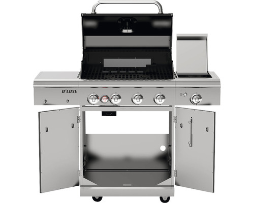 Gasolgrill med öppet lock, kontrollknappar och skåpfack