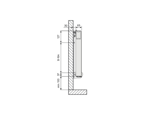 Teknisk ritning av ett element med mått för väggmontering.
