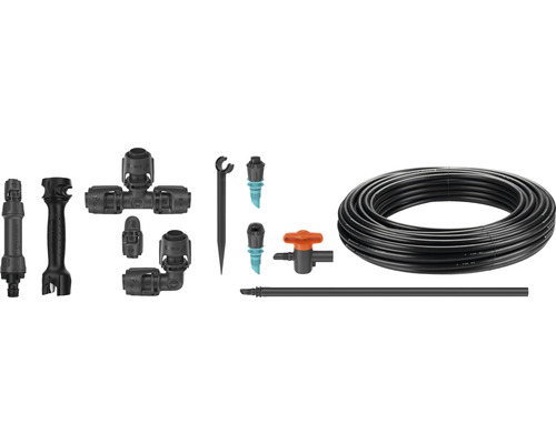 Bevattningssats med slang, anslutningsstycken och markspett för trädgårdsbevattning