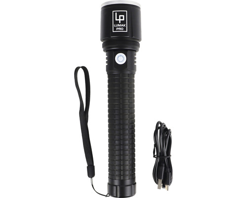 Svart Lumak Pro ficklampa med handledsrem och laddningskabel