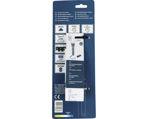 LED batteridriven ficklampa i förpackning med IPX4 skyddsklassificering, typ C USB-anslutning, 7,2 V, 4000 mAh och zoomfunktion