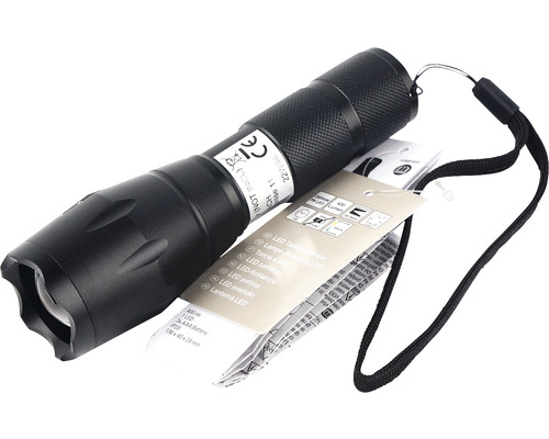 Svart LED-ficklampa med handledsrem och etikett