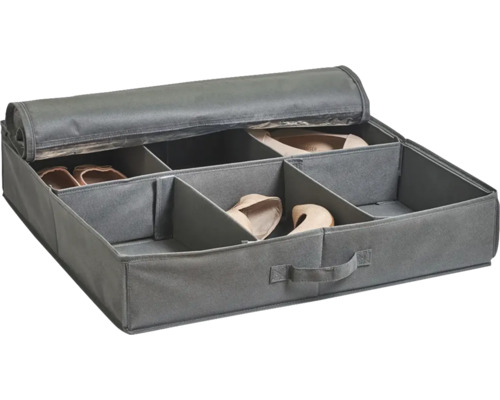 Grå skoförvaringsbehållare med fack och delvis lock