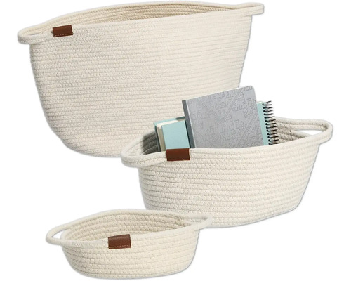Tre förvaringskorgar i bomullsrep med handtag