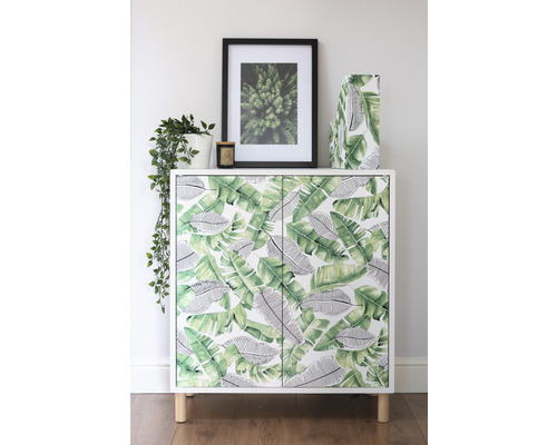Skåp med bladmönster, inramad bild och krukväxt på en ljus bakgrund.