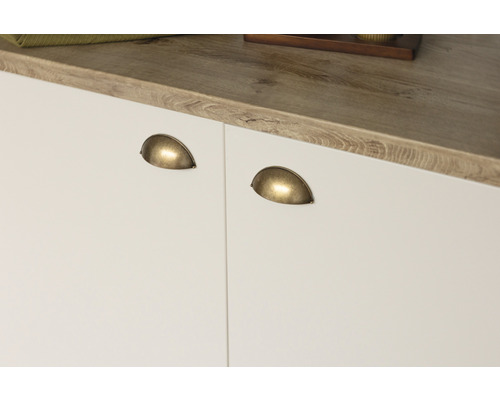 Detaljvy av skåpdörrar med snäckformade handtag