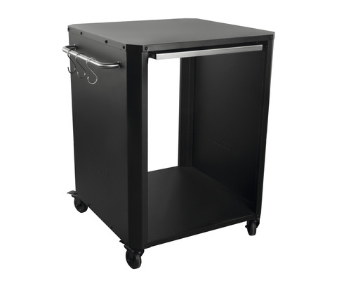 Svart grillvagn med förvaringsutrymme och hjul