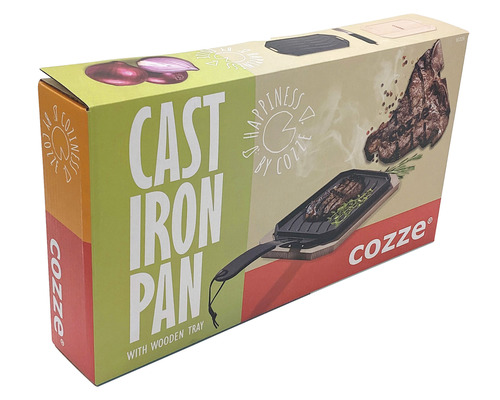Förpackning med Cozze gjutjärnspanna med träbricka