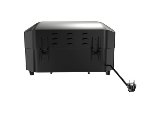 Bakifrånvy av en svart elektrisk grill med strömkabel