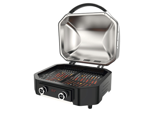 Öppen bärbar gasolgrill med temperaturdisplay.