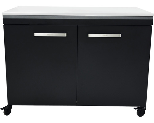 Underskåp med två dörrar, handtag, hjul och en bordsskiva.