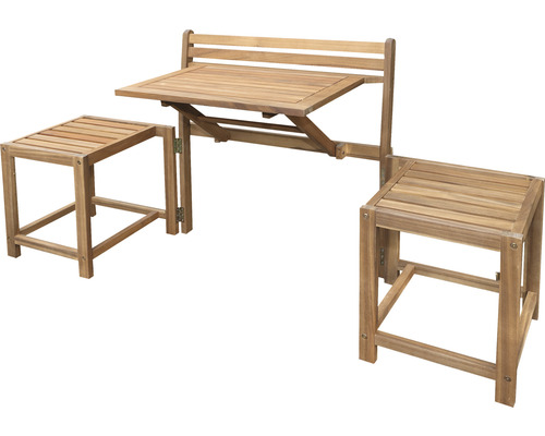 Trädgårdsmöbelset i trä med fällbord och två pallar