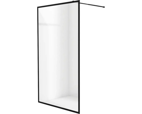 Duschvägg med svart ram.