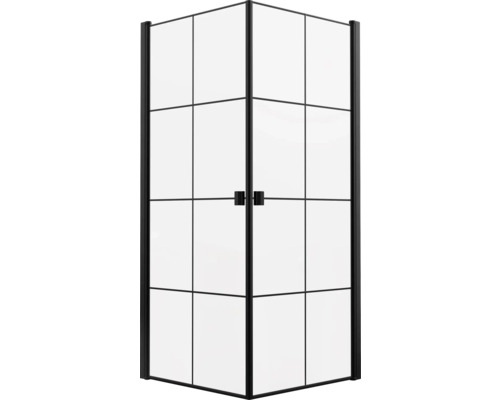 Hörndusch med svarta profiler och klara glasväggar