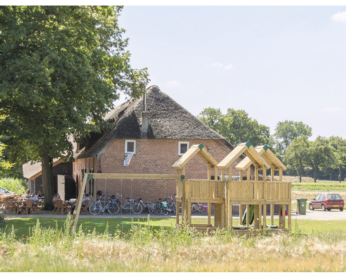 Lekplats med gunga och rutschkana framför en bondgård med halmtak