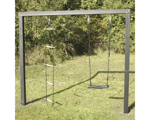 Gungställning NORDIC PLAY Arthur 240cm svart grundmålad inkl. repstege och gunga Trägunga med repstege i trädgården