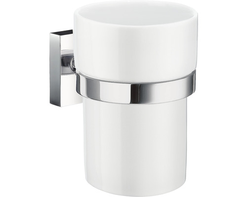 Tandborsthållare med tandborstmugg SMEDBO House krom blank vit 75x98 mm RK343P Vägghängd tandborsthållare i keramik och metall för badrumsförvaring