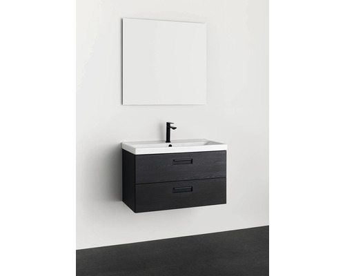 Tvättställ med två lådor, tvättställsskål och spegel för badrummet.