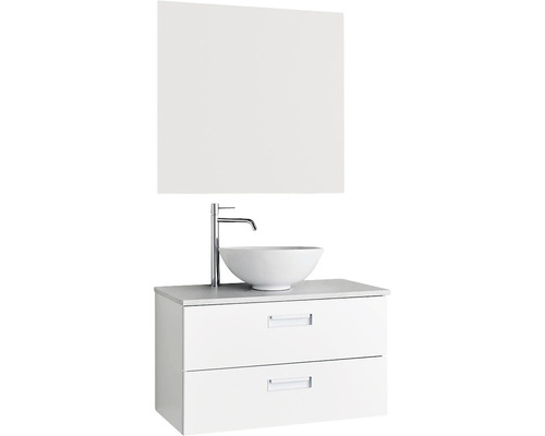 Badrumskommod med spegel, tvättställsskål och två lådor