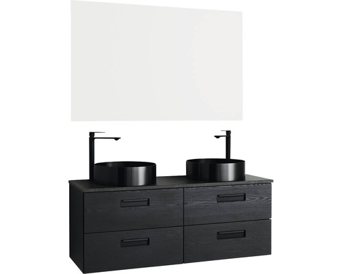 Badrumsmöbelset med tvättställsskåp, två tvättställsskålar och en spegel