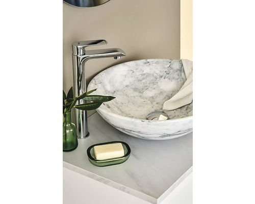 Tvättställ med blandare, tvättskål i marmor och tvålkopp