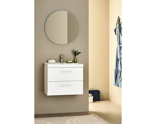 Tvättställsskåp inkl. tvättställ NORO Relounge vit matt 600 mm 320320 Badrum med vitt tvättställsskåp, rund spegel och textil dekoration