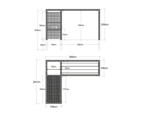 Mått på ett modulärt tak för utomhusbruk som en schematisk ritning