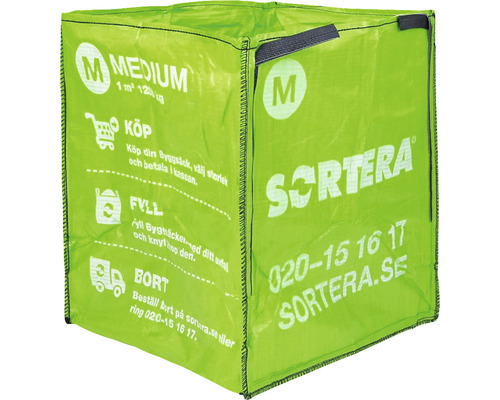 Grön Big Bag M med en kubikmeter volym och en lastkapacitet på 125 kg
