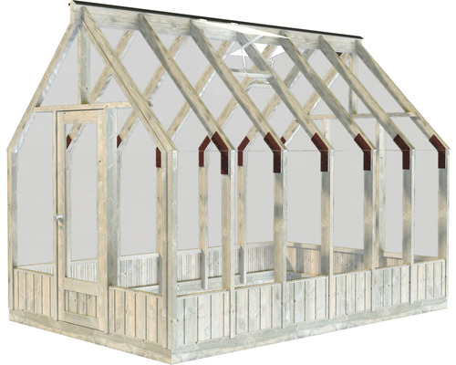 Växthus med träram och transparenta rutor.